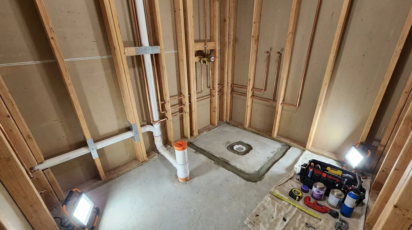 Bathroom rough-in plumbing during remodel by Johns Plumbing LLC in Aitkin