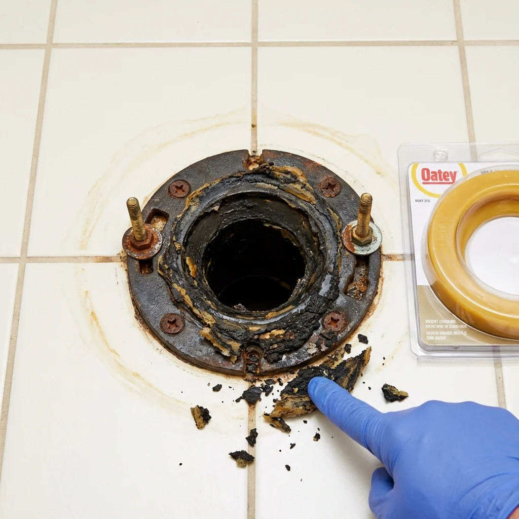 Failed wax ring showing water seepage at the base of a toilet in a Aitkin, MN home